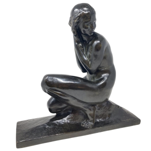 Art Deco Bronze Sculpture by Jean Ortis " NU FEMININ ACCROUPI" , 1930s