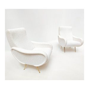 Pair of Italian Mid Century Armchairs in White Boucle