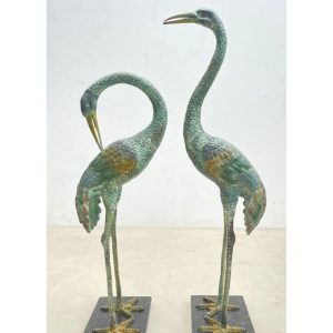 Pair of Painted Bronze Heron Statues
