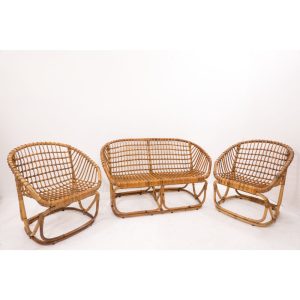 Mid Century Modern Rattan Sofa & Armchairs by Tito Agnoli