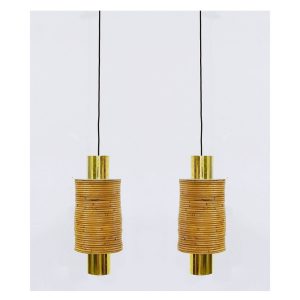 Pair of Modern Italian Brass and Bamboo Pendants