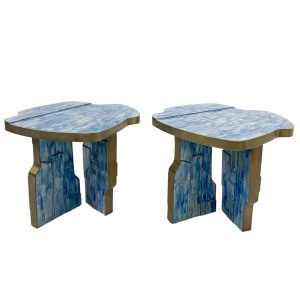 Pair of Blue Contemporary Ceramic & Brass Side Tables