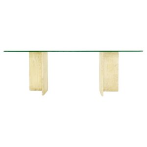 1970's Large Italian Travertine and Glass Console Table