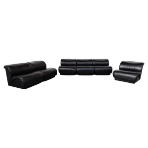 Mid Century Modern Black Leather Modular Sofa by Doimo Salotti