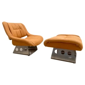 Italian Mid Century Orange Lounge Chair & Ottoman
