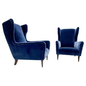 Pair of Mid Century Modern Italian Armchairs in Blue Velvet