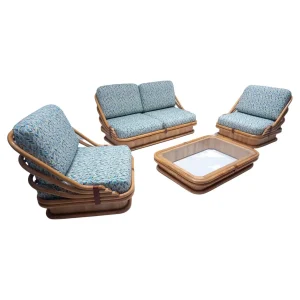 Mid Century Rattan Living Room Set with Coffee Table