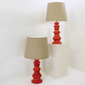 Mid Century Pair of Orange Ceramic Table Lamps