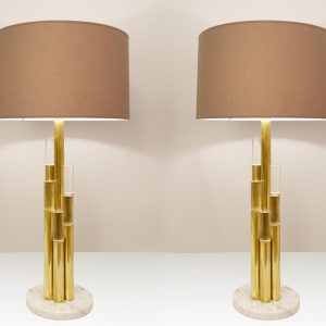 Pair of Contemporary Brass and Glass Tube Table Lamps