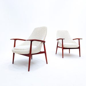 Pair of Mid Century Armchairs in White Boucle