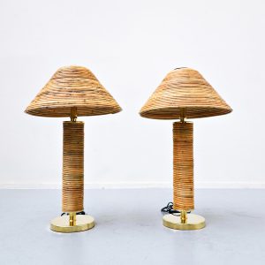 Pair of Modern Italian Brass and Bamboo Table Lamps
