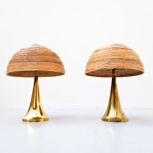 Pair of Contemporary Brass and Rattan Table Lamps