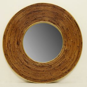 Round Mid Century Modern Mirror with Wicker Frame