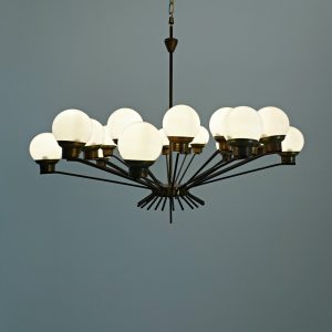Mid Century Chandelier in Opaline and Brass